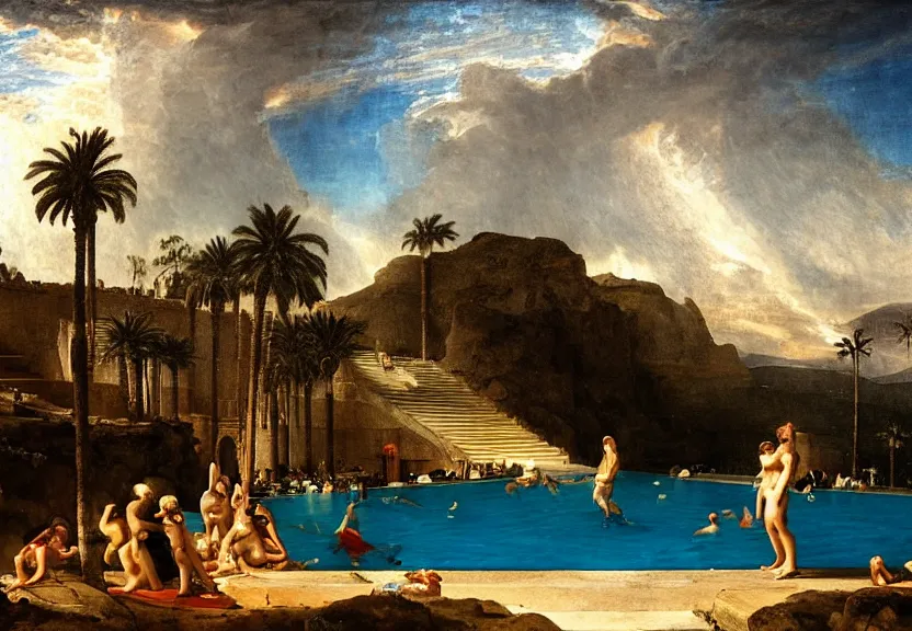 Image similar to The highest coliseum ever made, 1km tall, thunderstorm, greek pool, beach and palm trees on the background major arcana sky, by paul delaroche, hyperrealistic 4k uhd, award-winning very detailed