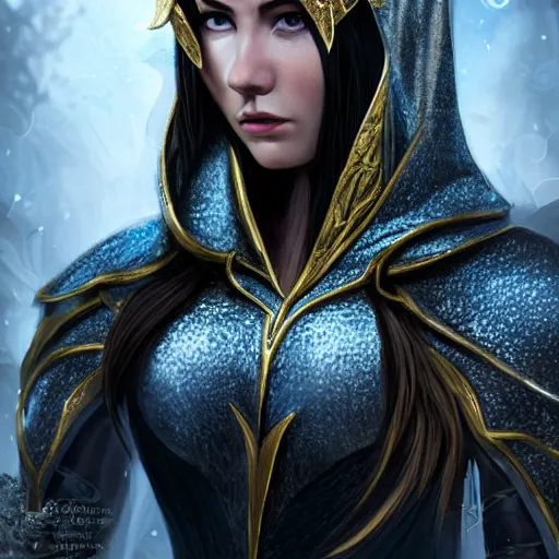 Prompt: portrait of a young female elven warrior wearing a hood, fantasy, black hair, gold armour, white skin, detailed face, trending on artstation, gsociety, D&D, elegant, highly detailed, realistic eyes, detailed illustration, smooth, sharp focus, upper body, intricate, rule of thirds, holy glow, backlit, lens flare hd 4k by Greg Rutkowski, Alphonse Mucha, Ayami Kojima, Charlie Bowater, Kentaro Miura, Karol Bak, Greg Hildebrandt, Norman Rockwell