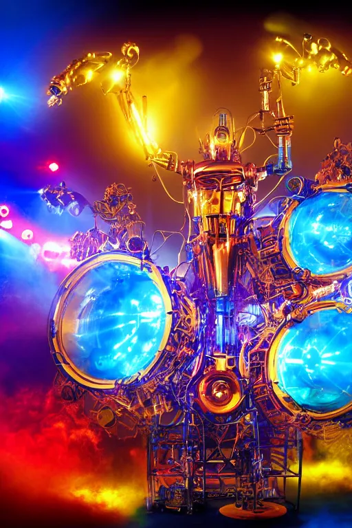 Prompt: portrait photo of a giant huge golden and blue metal futuristic humanoid steampunk robot drummer covered with multicolored big gears and tubes, a huge red drumset, eyes are glowing red lightbulbs, shiny crisp finish, 3 d render, 8 k, insaneley detailed, fluorescent colors, background is multicolored lasershow