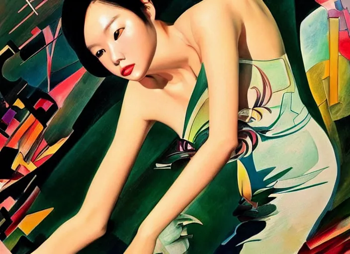 Prompt: beautiful chinese girl, full body, high fashion, futurism, aerodynamic, intricate, slick, highly detailed, digital painting, vogue, concept art, smooth, sharp focus, oil painting, art by syd mead and kandinsky and annie leibovitz