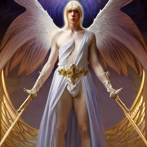 Image similar to the pale blond male angel of battle lucius wearing a white periwinkle, sci fi, glowing eyes, volumetric lights, gold theme, art nouveau botanicals, intricate, highly detailed, digital painting, artstation, concept art, smooth, sharp focus, cinematic, illustration, beautiful face, art by artgerm and greg rutkowski and alphonse mucha