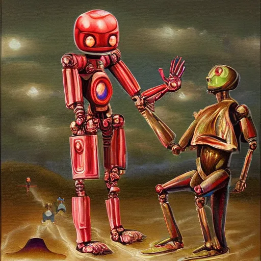 Image similar to a robot missionary trying to convert an alien to christanity, oil on canvas