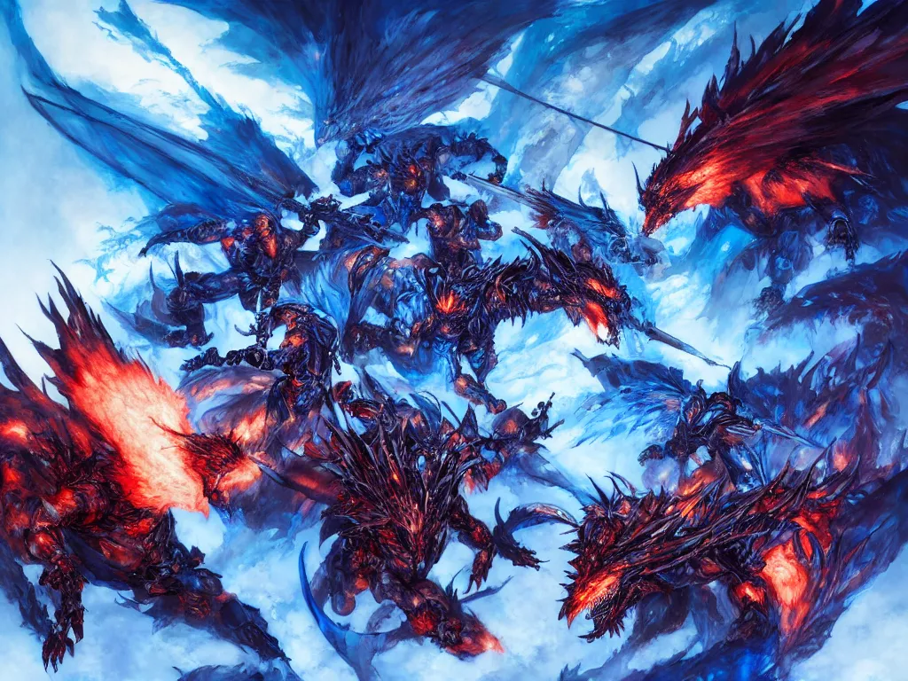 Image similar to battle between ice dragons and fire dragaons, cinematic lighting, epic proportions, collaborative painting by greg ruthowski, michael whelan, yoji shinkawa, collaboarative artwork, exquisitely high quality and detailed, artstation