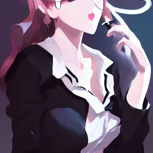 Image similar to boss elegant girl smoking a cigarette by krenz cushart stu dts yoshiku wlop, dark, black dress white smoke, cinematic lighting, back lit, chromatic aberration, white smoke, trending on ArtStation Pixiv, anime girl