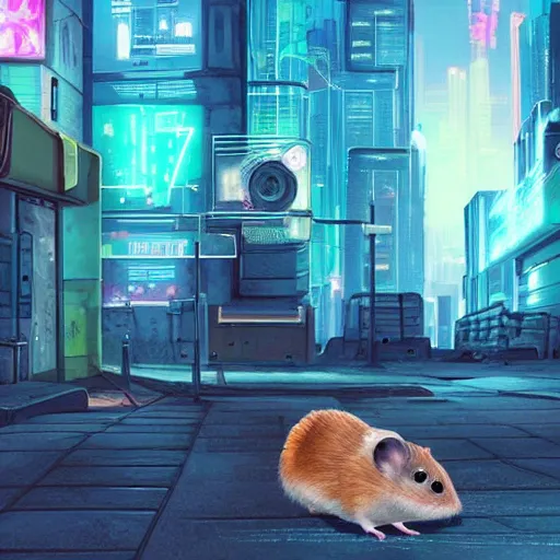 Prompt: A cyberpunk hamster waiting on the streets of a cyberpunk city