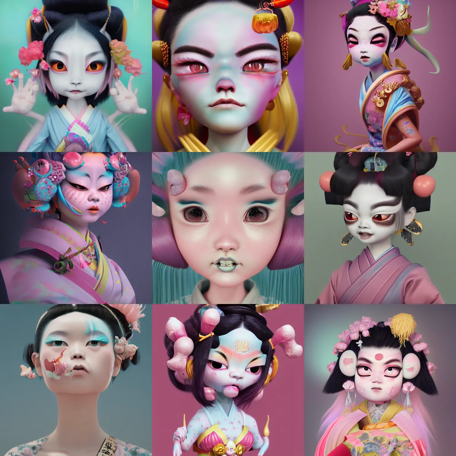 Prompt: a 3 d chracter of oni demon geisha by amy sol hikari shimoda, mark ryden, cute, weird, cool, pastel colors, artstation, houdini sidefx, octane 3 d, 8 k