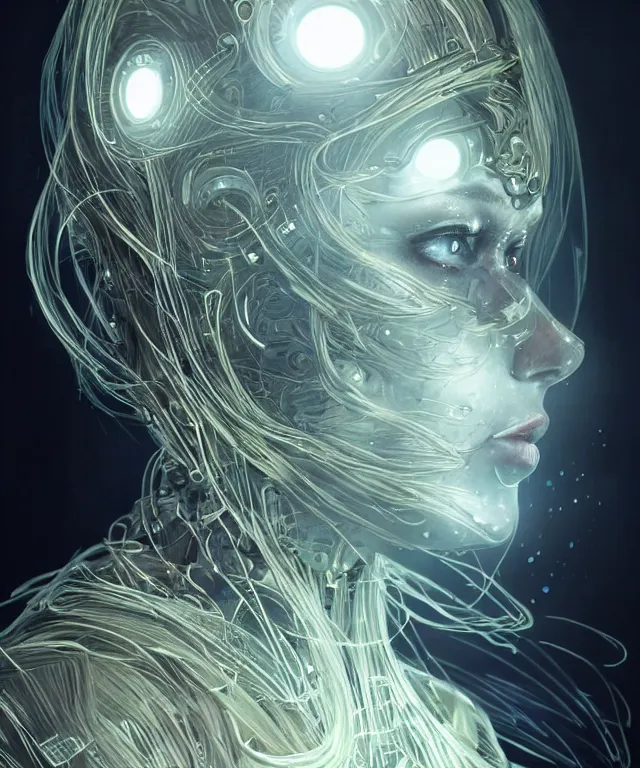 Image similar to a woman turning into an Android portrait wearing a part cybernetic body, surrealism , scifi, intricate, elegant, sharp eyebrows, ornate long flowing blonde hair, highly detailed cybernetic body, neon glowing eyes, digital painting, artstation, concept art, smooth, sharp focus, illustration, art by Artgerm and moebius and Peter Mohrbacher