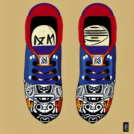 Image similar to sneaker design designed by studio ghibli, aztec mayan street fashion native punk sneaker design, majora's mask, wearing wooden mask, hip hop sneaker design with subtle mayan patterns, gapmoe yandere grimdark, trending on pixiv fanbox, painted by greg rutkowski makoto shinkai takashi takeuchi studio ghibli, akihiko yoshida