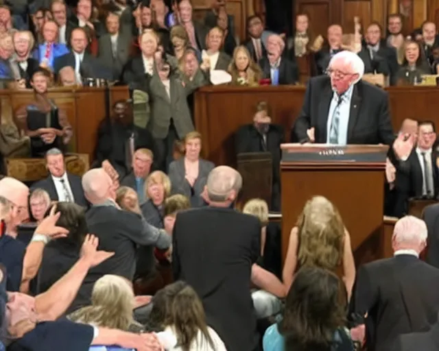 Prompt: bernie sanders bench-pressing 200 lbs during filibuster speech in senate chambers