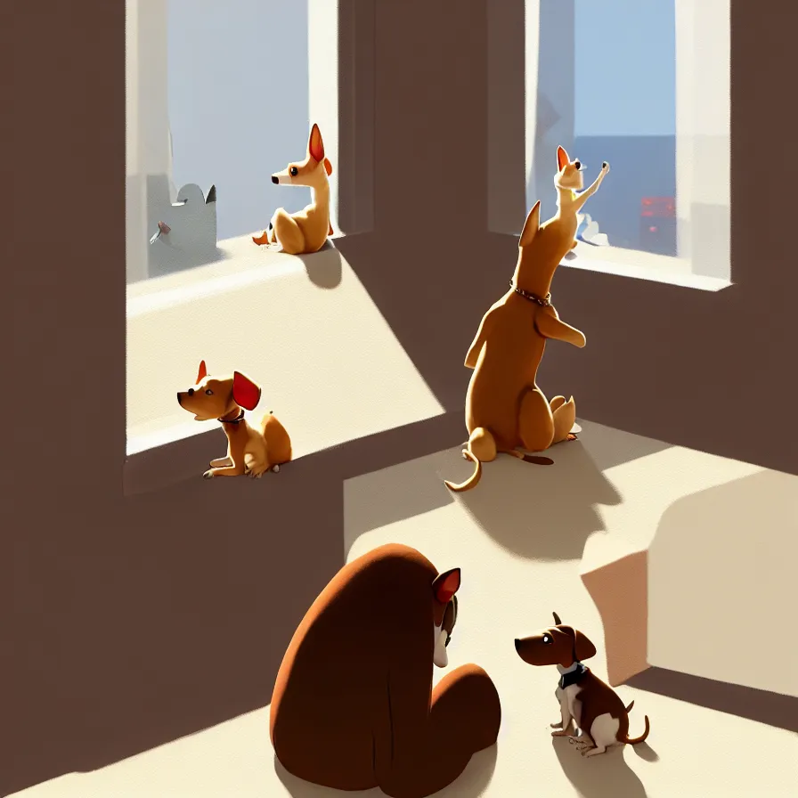 Image similar to Goro Fujita illustrating View from behind of a brown and white dog sitting, ears up and tail active, watching the living room window, art by Goro Fujita, sharp focus, highly detailed, ArtStation