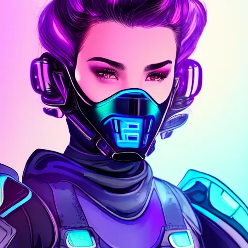 Image similar to a stunning upper body portrait of a beautiful young woman wearing futuristic navy blue and teal battle bodyarmor with pauldrons and inset glowing fine neon lines and ombre purple and pink hairstyle with hair blowing in the wind, by marvel comics, highly detailed, fine detail, intricate, digital art, trending on artstation