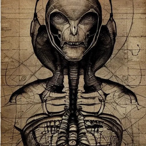 Prompt: alien ink draw, leonardo da vinci blueprint plenty of annotations