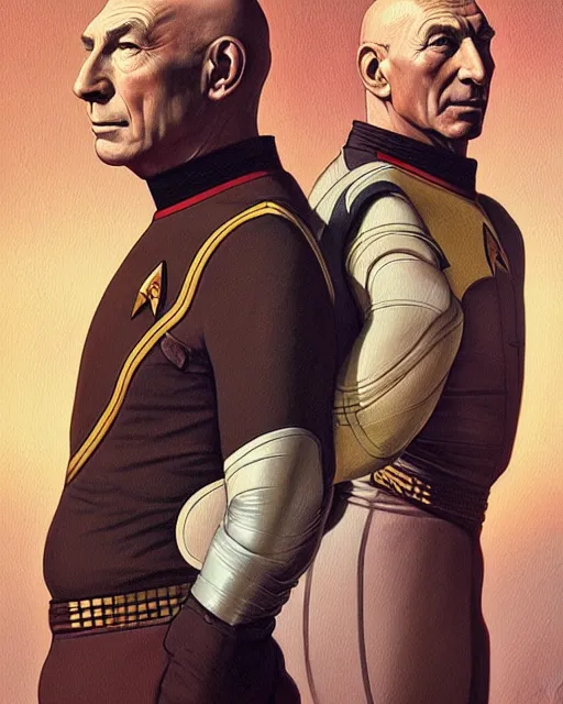 Image similar to Portrait of Jean Luc Picard & Kirk wearing spacesuits, real life skin, intricate, elegant, highly detailed, artstation, concept art, smooth, sharp focus, art by artgerm and greg rutkowski and alphonse mucha