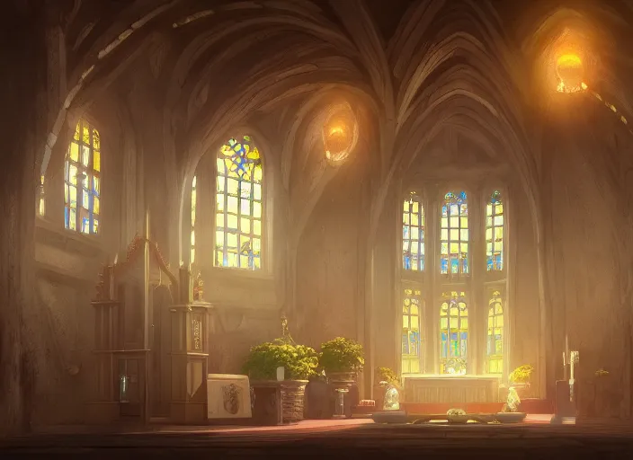 Prompt: interior of the chapel of white flames, anime fantasy illustration by tomoyuki yamasaki, kyoto studio, madhouse, ufotable, square enix, cinematic lighting, trending on artstation