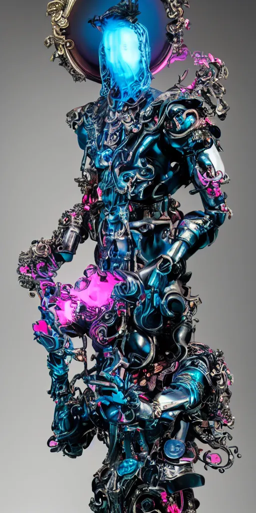 Image similar to full-body baroque and cyberpunk style sculpture of a young seductive Hispanic prince half android with a chest exposing a glowing gemstone battery and a CRT monitor face, glowing pink seductive laser eyes, crown of blue gears and diamonds, swirling salmon-colored silk fabric, robotic raptors dinosaurs. baroque elements. full-length view. intricate artwork by caravaggio. art by Artgerm and Greg Rutkowski and Alphonse Mucha and Tooth Wu and Beeple, Trending on artstation, cinematic industrial lighting, hyper realism, octane render, 8k, depth of field, 3D