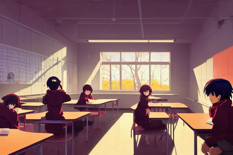 Prompt: boy's love anime modern high school classroom in winter clear day, expert high detail concept art cinematic, perfect proportions defined face, vivid colors, pixar undertones, photorealistic shaded lighting poster ilya kuvshinov, katsuhiro, jeremy lipkin and michael germash, makoto shinkai, wlop loish and clamp style, trending on art station, best selling artist