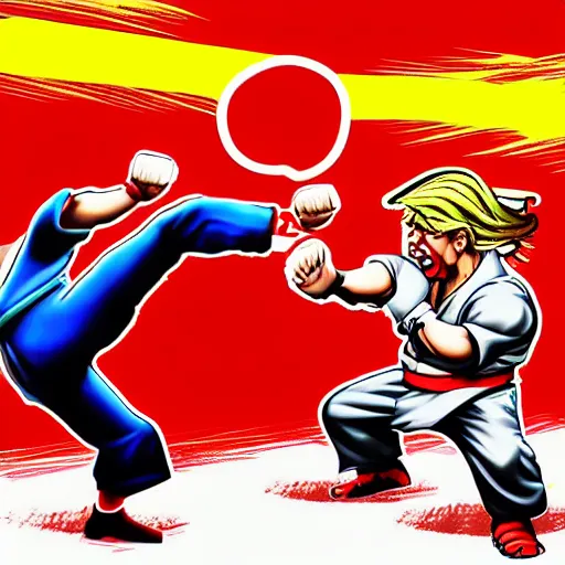 Image similar to xi jinping vs donald trump, street fighter, fight, fistfight, digital art, cartoon style