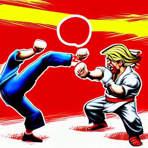 Prompt: xi jinping vs donald trump, street fighter, fight, fistfight, digital art, cartoon style