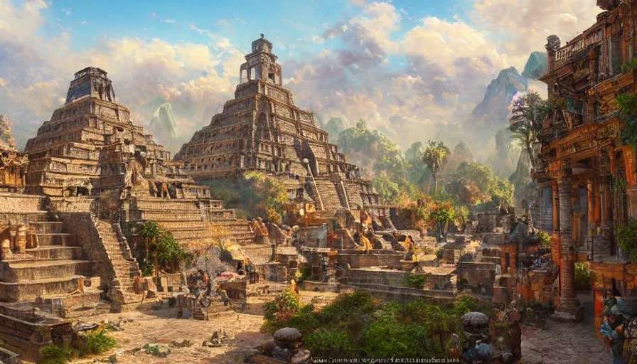 Prompt: A beautiful highly detailed epic painting of the lost city of El dorado, tenochtitlan townscape, warm saturatured colors, clear blue sky by greg rutkowski and thomas kinkade, Trending on artstation HD.