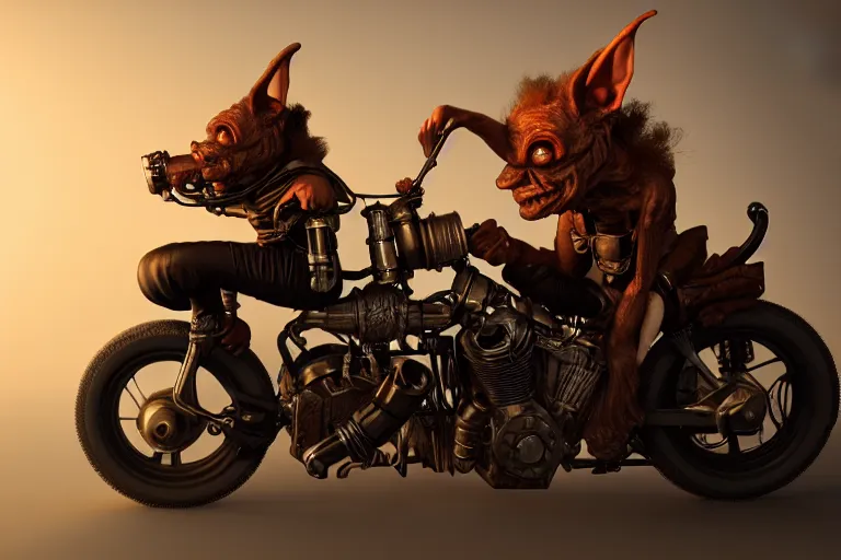 Image similar to a goblin riding a steampunk motorcycle, volumetric light, hyperdetailed, artstation, cgsociety, 8k