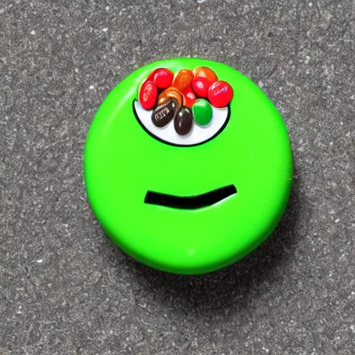 Image similar to photo of the green m & m with the face of borat