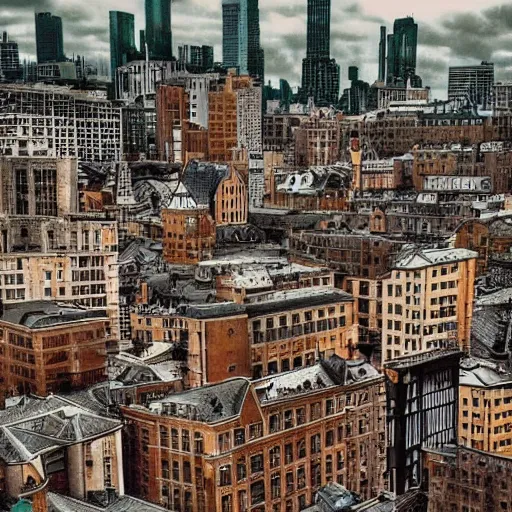 Image similar to Beautiful picture of an intricate very detailed cozy city on a cloudy day with tall buildings with small windows, high-quality photograph