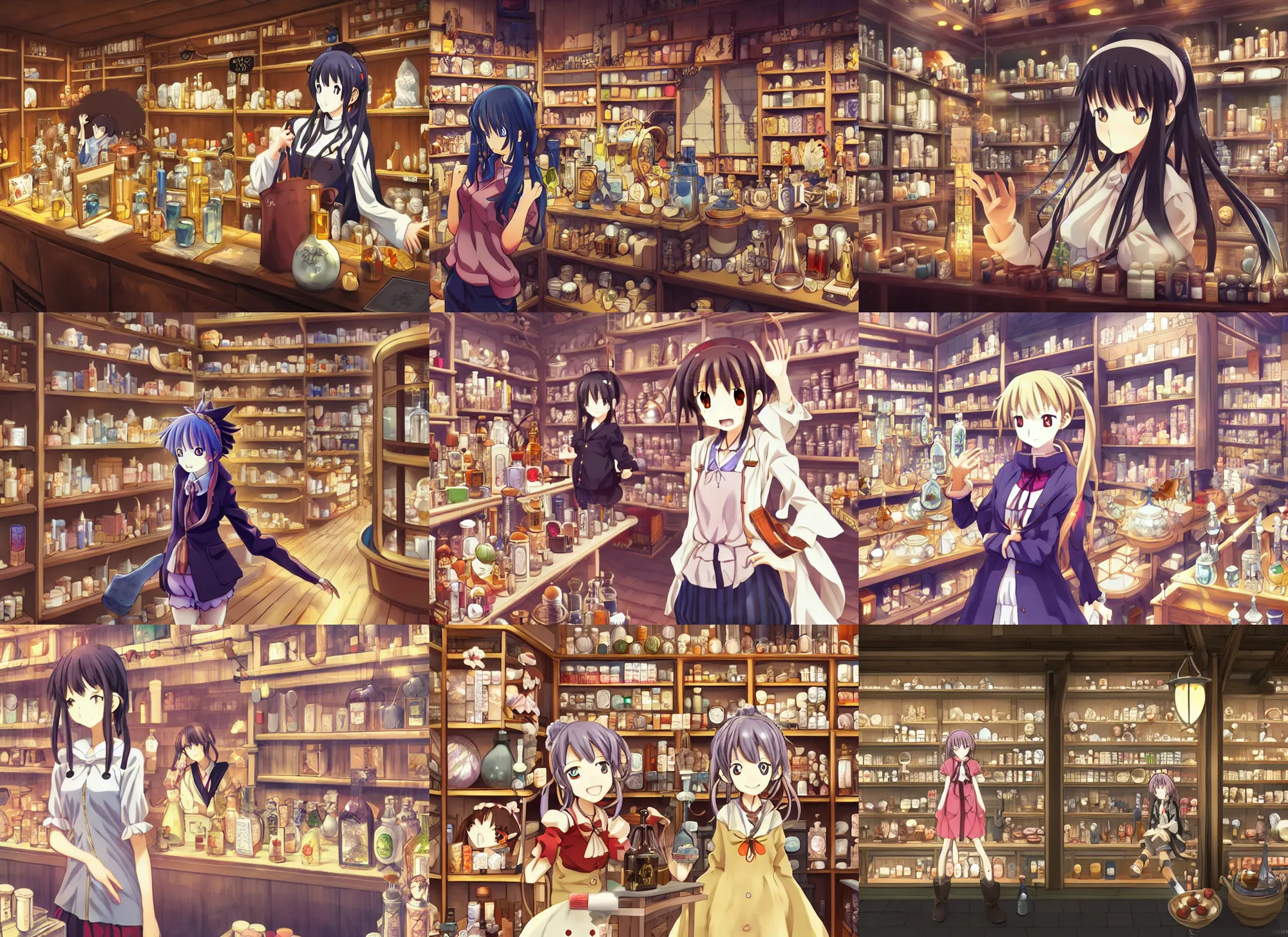 Prompt: anime frames, portrait of a young female traveler in a alchemist's potion shop interior shopping, cute face by murata range, yoh yoshinari, dynamic perspective pose, detailed, lomography, hdr,