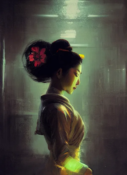 Image similar to female geisha girl, beautiful face, neon, rule of thirds, intricate outfit, spotlight, by greg rutkowski, by jeremy mann, digital painting