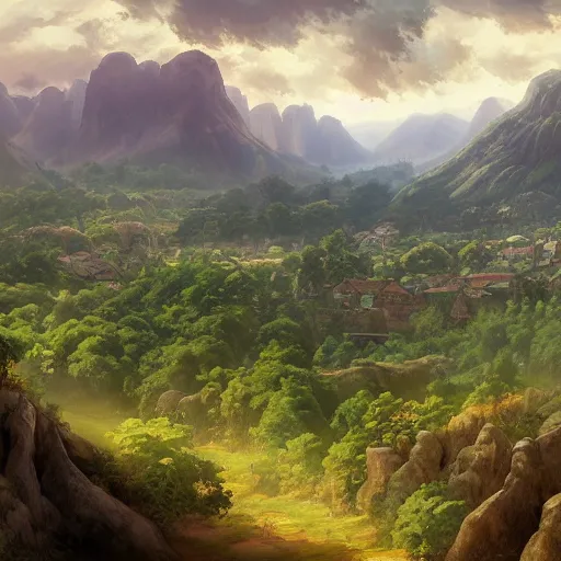 Image similar to panorama of a valley filled with a forest and a village, medieval, fantasy, oil painting, by makoto shinkai