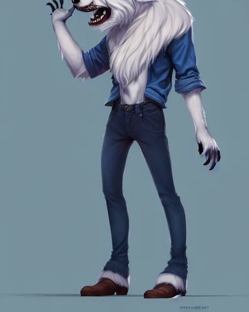 Image similar to character concept art, cute adult male anthropomorphic furry, cute fine face, darkblue werewolf, pants, pretty face, key visual, long human lightblue hair, realistic shaded furry face, fine details by stanley artgerm lau, wlop, rossdraws, james jean, andrei riabovitchev, marc simonetti, and sakimichan