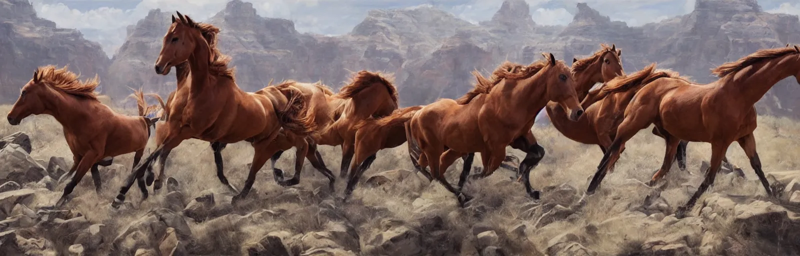 Image similar to lots of horses running through the canyon, hyper realistic, more details, they might be crawling, original oil on canvas painting by sydney mount