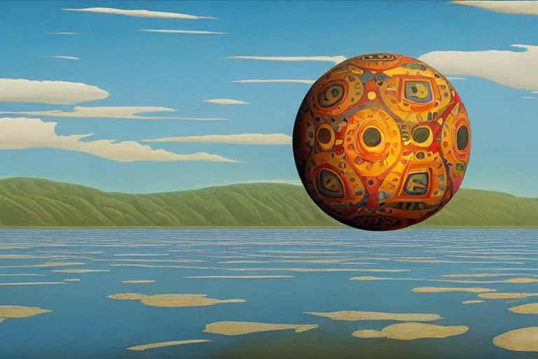 Prompt: a giant ((((metallic)))) floating sphere covered in canadian colorful aboriginal patterns!! hovering above a Yukon lake, (painted by Ralph McQuarrie), matte painting, very detailed, 7000 K, concept art