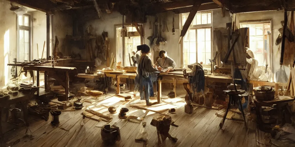 Image similar to simple craftsman fine woodworker building a wooden table in their well lit clean open workshop, art by anders zorn, wonderful masterpiece by greg rutkowski, beautiful cinematic light, american romanticism thomas lawrence, greg rutkowski