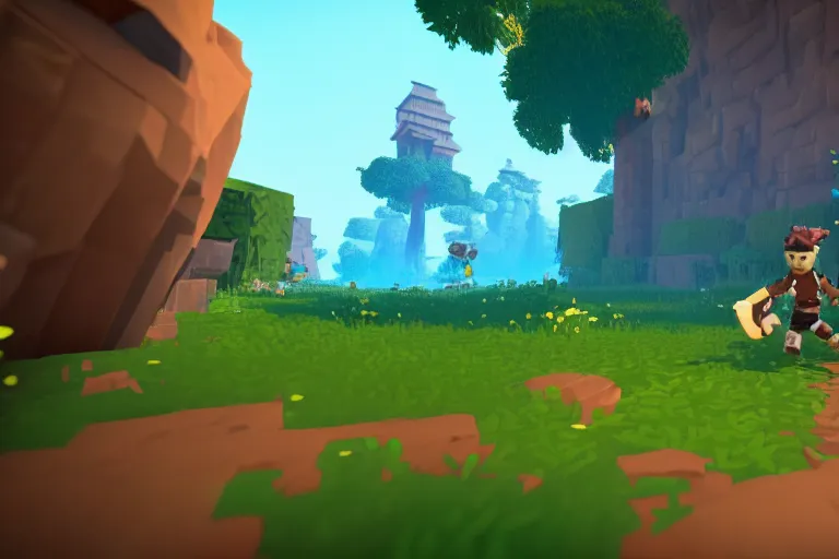 Image similar to Hytale Gameplay, Kweebec running through a forest, depth of field shot