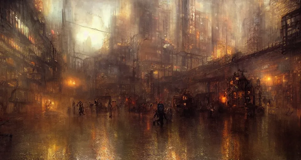 Prompt: illegal marketplace hidden in the sewers. steampunk, cyberpunk, soviet, oil on canvas by William Turner