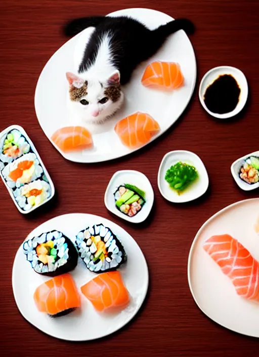 Image similar to clear photograph of cute cats eating sushi from sushi plates