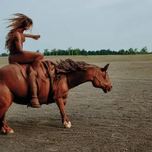 Image similar to a centaur walking along. On the back of the centaur is a human riding it.