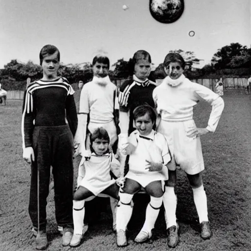 Image similar to vintage photo of a family of anthropomorphized lizards, dressed as Argentinian soccer players, with an exploding planet in the background