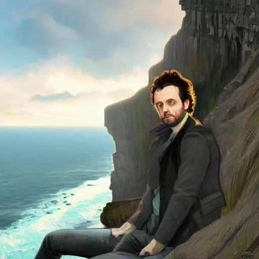 Image similar to portrait of michael sheen watching over the cliffs of moher, elegant, highly detailed, digital painting, artstation, concept art, matte, sharp focus, illustration, art by artgerm and alphonse mucha
