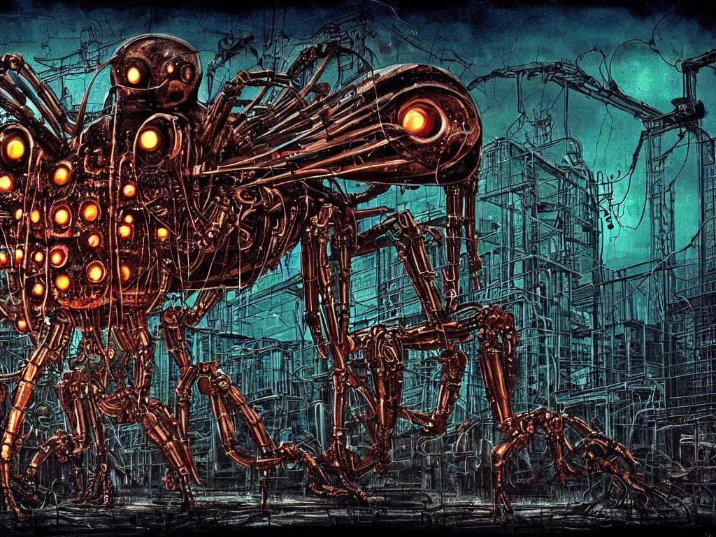 Prompt: one huge jumping spider robot in front of a massive rusty industrial plant, biomechanical, biopunk, nighttime, dark, gloomy, hazy, neon signs, neon, spotlights, oil spills, vignette, art by hr giger, digital art