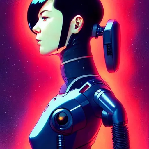 Image similar to side portrait scifi cyborg girl with robotic parts and spacesuit | | head only in center of image, audrey plaza, fine detail!! anime!! realistic shaded lighting!! poster by ilya kuvshinov katsuhiro otomo ghost - in - the - shell, magali villeneuve, artgerm, jeremy lipkin and michael garmash and rob rey