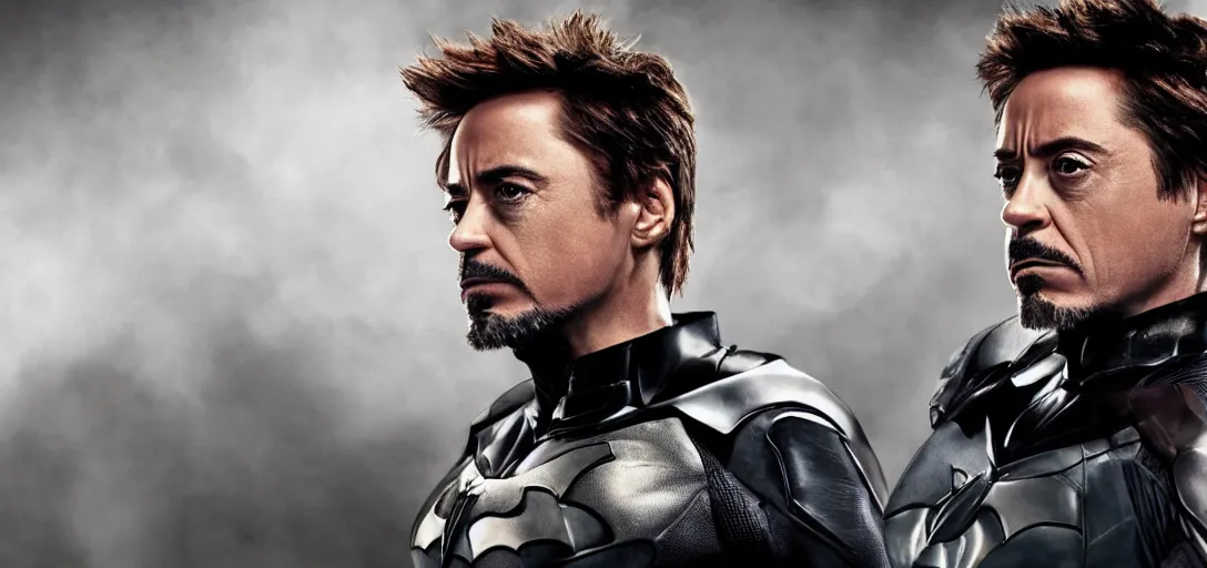 Image similar to robert downey jr in batman suit, portrait hd, without helmets 4 k, clear face,