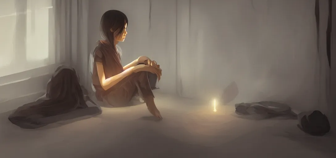 Image similar to Young Himalayan woman sitting concerned in an empty room with loneliness using psychic powers to make a lighter float| night time scene, plain walls |somber white eyes, long messy hair | gentle lighting, futuristic, dim lighting, digital art by Makoto Shinkai ilya kuvshinov and Wojtek Fus, digital art, concept art,