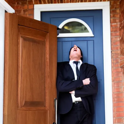 Prompt: a angry man at the front door of a house