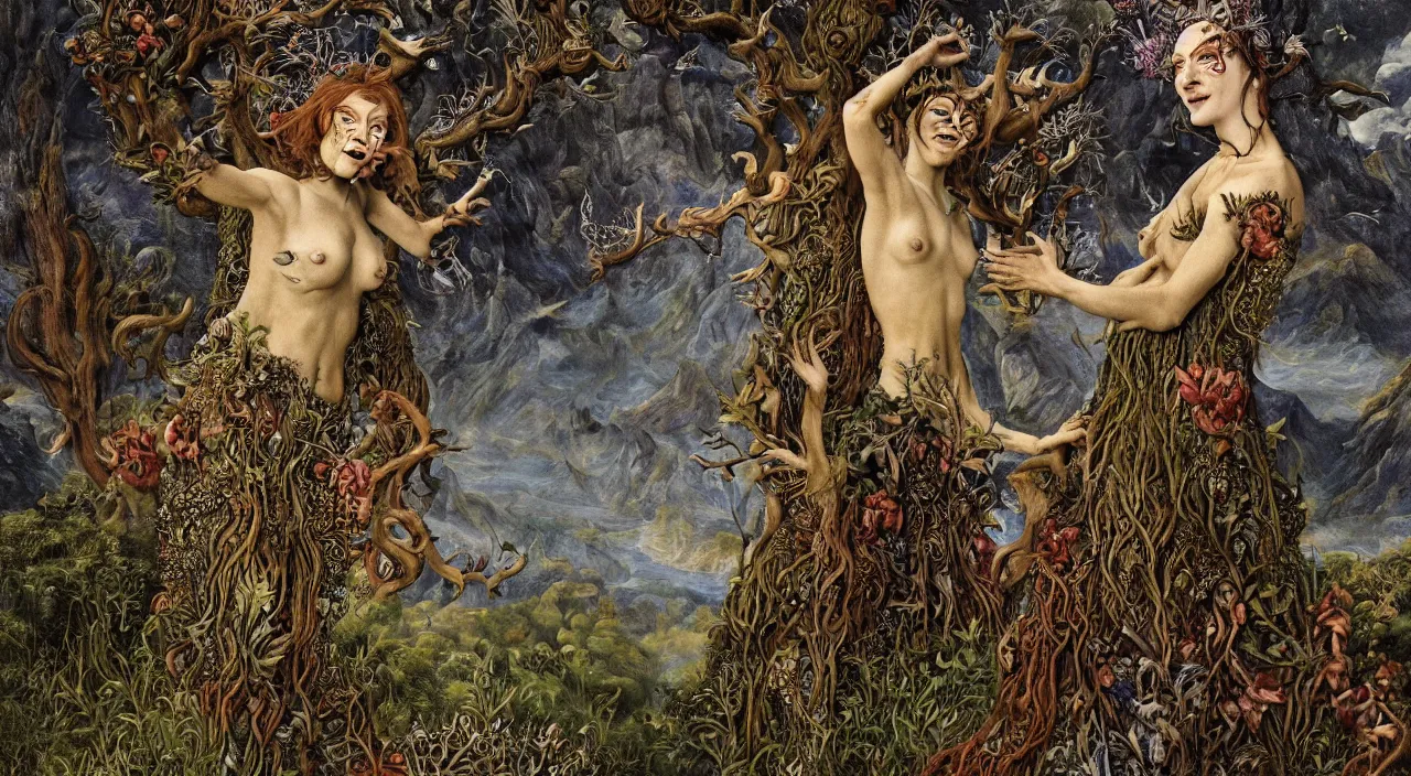 Prompt: a grinning druid dryad with goat pupils transforming herself into a mad beast. her skin is covered in scales and feathers. landscape with mountains, river and night sky. painted by jan van eyck, max ernst and ernst haeckel, trending on artstation, 8 k, award winning, hard lighting, fashion editorial, mythology, photorealistic