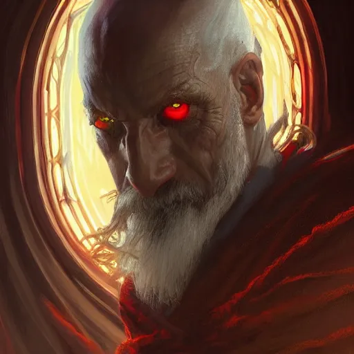 Prompt: portrait of a evil wizard with red eyes, epic, D&D, fantasy, intricate, elegant, highly detailed, digital painting, artstation, concept art, smooth, sharp focus, illustration, art by artgerm and greg rutkowski and alphonse mucha