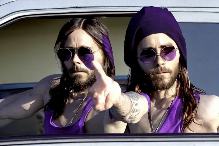 Prompt: medium full shot of jared leto as a white gang member wearing a purple head covering made from a polyester or nylon material and a white tank top inside a car doing a drive - by shooting in the new movie directed by ice cube, movie still frame, arms covered in gang tattoo, promotional image, critically condemned, top 1 5 worst movie ever imdb list, public condemned, relentlessly detailed