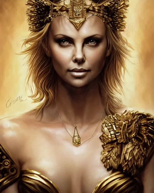 Prompt: tattoo sketch of charlize theron as aphrodite the greek goddess wearing a gold laurel wreath and triangle earrings, beautiful piercing gaze with sharp pupils, in the style of greg rutkowski, fantasy, amazing detail, epic, elegant, smooth, sharp focus, front view