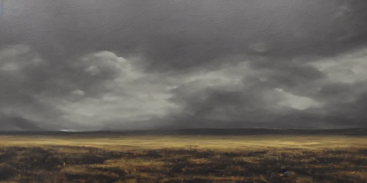 Prompt: an oil painting of a very dark and gloomy landscape,