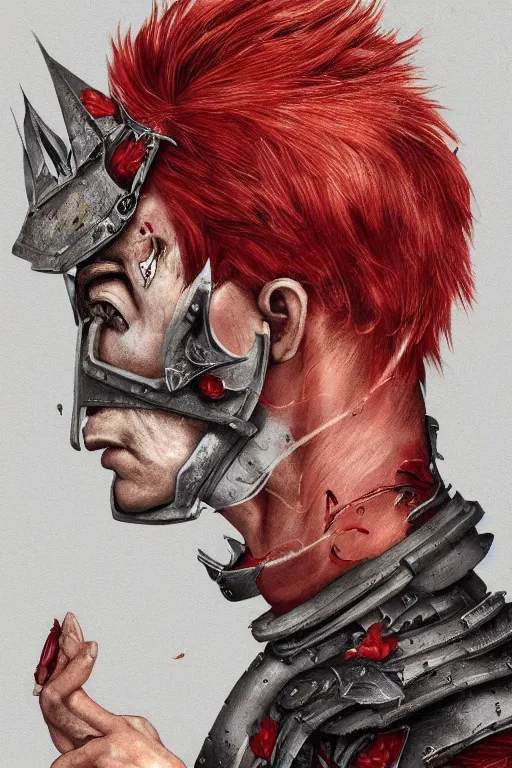 Prompt: portrait of beautiful young man, warhammer, japaneese style, more cyber armor, a lot of more scars, more and more flowers, red head, the middle ages, highly detailed, artstation, illustration, art by rene magritte, 8 k quality